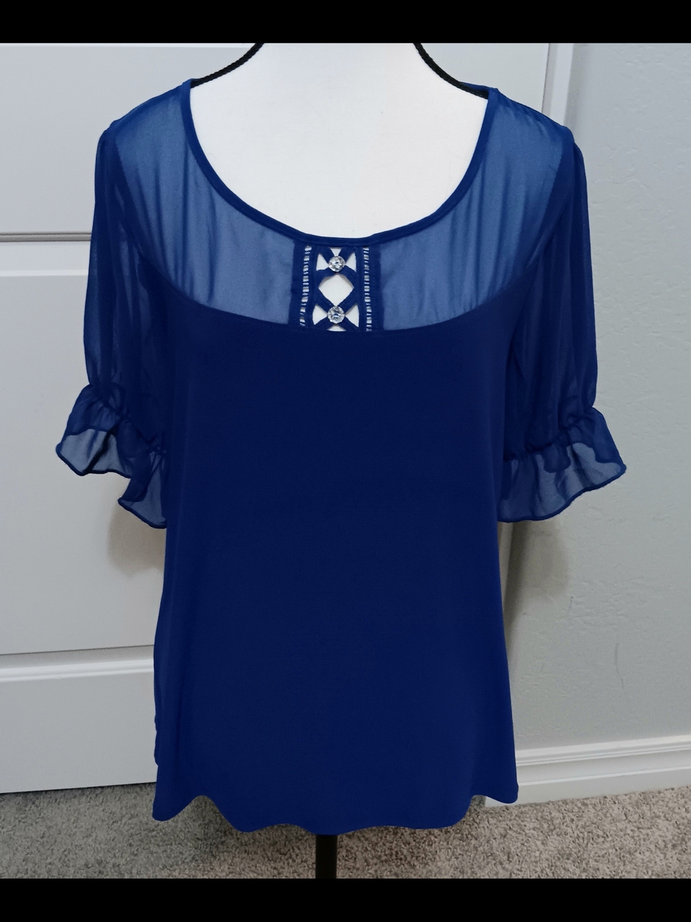 Adele & May - Elegant Royal Blue Sheer-Yoke Ruffle Sleeve Blouse
